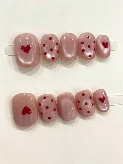 10pcs Pure Handmade Press On Nails Short Nails Oval Nails Pink Nails Gentle Sweet Girl Style Pink Cat Eye With Hand-Painted Heart And Polka Dot Patterns, Cute, Minimalist And Daily Press-On Nails For Women And Girl,Spring Summer Fall Winter Festivals Party And Dailys Life Use