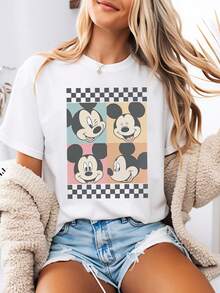 Disney-Style Women's Printed T-Shirt Featuring A Vintage-Inspired Mickey Mouse Four-Panel Black-And-White Checkered Cartoon Print. This Round-Neck Summer Top Is Crafted From Soft, Comfortable 100% Cotton Fabric, Perfect For Everyday Wear, Outdoor Activities, Or Shopping. It Also Makes An Ideal Choice For Women's Vacation Wear. - White - View 1
