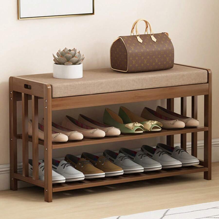 2 Tier Shoe Bench Shoe Organizer Rack with Cushion Padded Seat for Entryway - Marrón - Ver 1