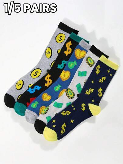 1/5双美元符号袜子，创意硬币图案中筒袜，吸湿排汗街头风男女通用长袜