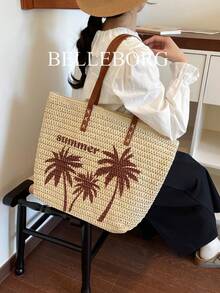 草编手提包，大容量休闲女士单肩包，适合海滩度假 - 米色 - 查看 4