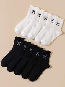 10 đôi tất nơ xếp ly Kawaii | Tất cổ ngắn bằng cotton mềm mại với viền ren | Phong cách ngọt ngào Y2K, hoàn hảo cho mùa xuân, hè và thu. - Nhiều màu - Xem 1