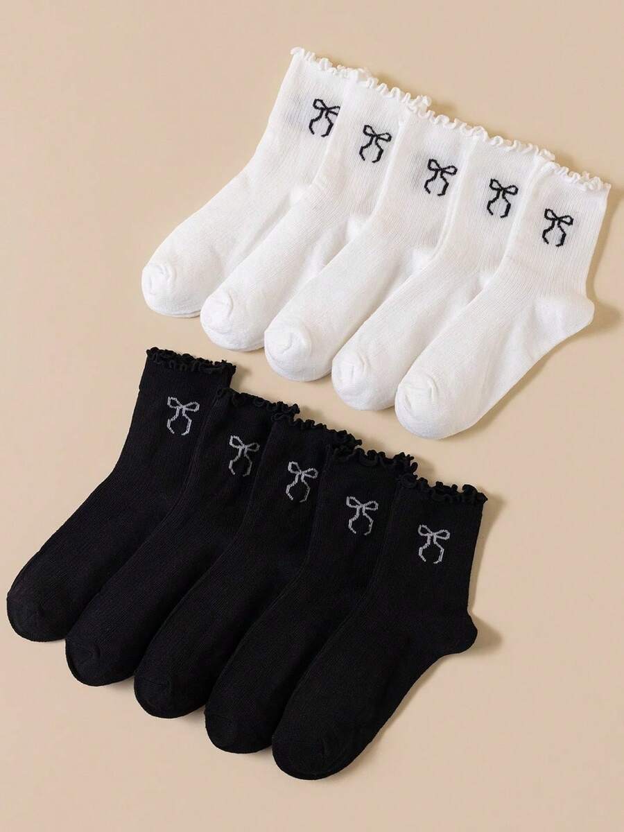 10 đôi tất nơ xếp ly Kawaii | Tất cổ ngắn bằng cotton mềm mại với viền ren | Phong cách ngọt ngào Y2K, hoàn hảo cho mùa xuân, hè và thu. - Nhiều màu - Xem 1