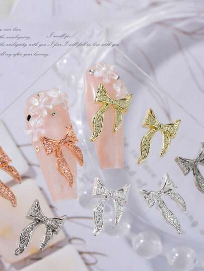 20pcs European And American Style Ribbon Bow Nail Art Decorations, Alloy 3D Bow Nail Gems, Minimalist Versatile Fake Nail Jewelry Nails
