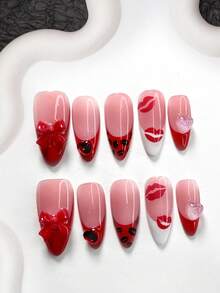10pcs Stylish Polygonal Gel Nail Art Set, Includes Shiny Red Heart & Bow Nail Stickers, Red Flame & Lip Print Stickers, Transparent Pink Star & Heart Stickers, Retro Black Lip Print Stickers, Red Nail Polish, Nail Tools (1 Jelly Sticker + 1 Nail File), Available In Almond & Coffin Shapes Press On Nails - 彩色 - 查看 18