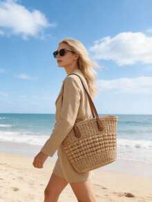 Túi xách nữ tối giản thời trang, túi rơm đa năng dung tích lớn, thích hợp cho kỳ nghỉ biển. - Màu Khaki - Xem 5