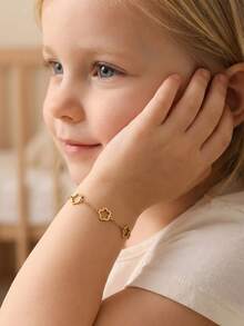 1pc Elegant Gold Stainless Steel Hollow Five-Petal Flower Decor Bracelet, Jewelry Accessory For Party - Yellow Gold - View 2