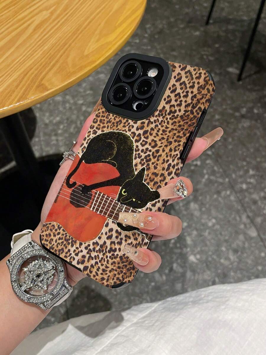 1pc Creative Minimalist Leopard Print Black Cat Guitar Pattern Phone Case, Suitable Compatible With Samsung/ 11, 12 Pro Max, 14 Pro Max, 15, 16/16 Pro, 17/17 Pro And Other Models - Multicolor - View 1