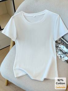 女士纯色短袖T恤，百搭修身休闲T恤 白色 夏季 - 白色 - 查看 5