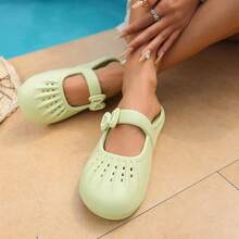 Mules con lazo lindo, sandalias casuales transpirables con diseño calado para mujer - Verde - Ver 5