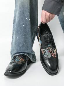 男士黑色民族风新款中式刺绣雕花布洛克商务休闲鞋英伦正装鞋 - 黑色 - 查看 4