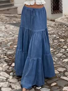 EARO Women's Long Layered Skirt, Drawstring Waist, Casual Fabric, Non-Stretch, Suitable For Daily Wear Spring - Blue - View 1
