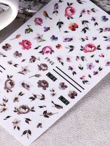 3D彩色花朵线条美甲贴纸3片装，色彩鲜艳，包含芙蓉花、樱花、玫瑰花瓣和绿叶，几何线条设计，DIY春夏复古优雅花卉印花自粘凝胶指甲油美甲贴纸，滑动式美甲装饰 - 彩色 - 查看 8