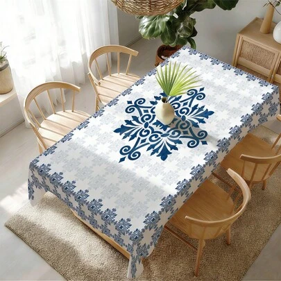 1pc Blue Watercolor Tile Print Tablecloth, Symmetrical Blue And White Porcelain Dining Table Cloth, 55.12*86.61in(140*220cm)/55.12*70.87in(140*180cm)/55.12*55.12in(140*140m)/35.43*55.12in(90*140m), Polyester Fabric, Waterproof And Stain-Resistant, Suitable For Picnic, Camping, Party, Buffet, Home Decor, Table Decoration, DIY
