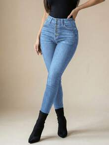 Women's High Waist Stretch Denim Jeans With Multi-Button Closure, Pockets & Vintage Wash Design Casual Elegant Outing Pants - 淺色水洗藍 - 查看 1