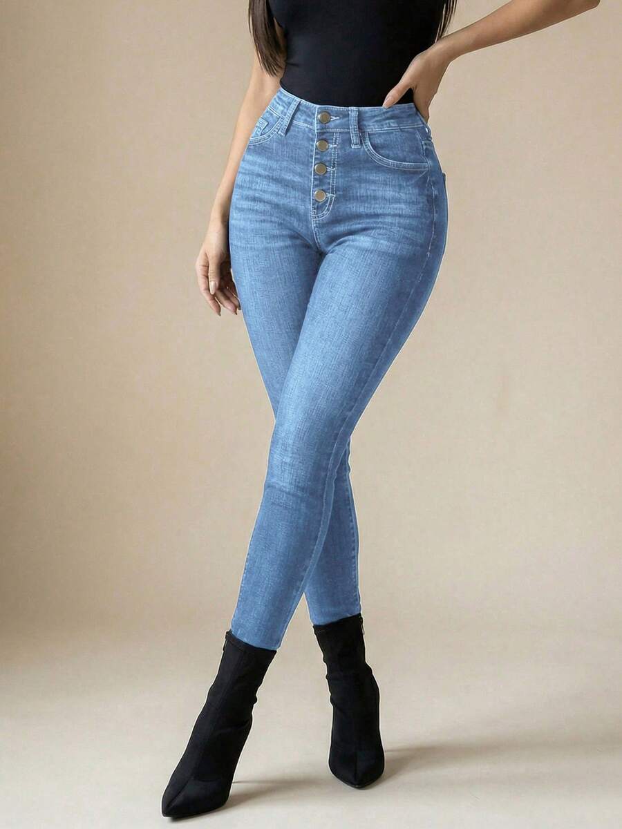Women's High Waist Stretch Denim Jeans With Multi-Button Closure, Pockets & Vintage Wash Design Casual Elegant Outing Pants - 淺色水洗藍 - 查看 1