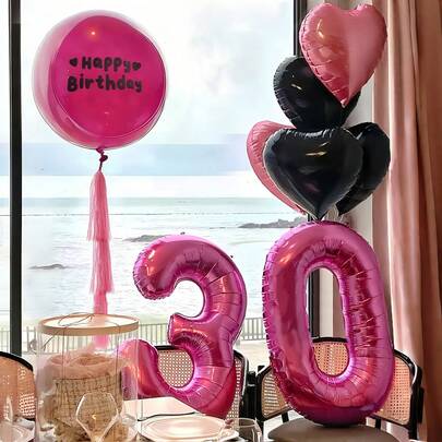10pcs 32-Inch Black & Pink Birthday Theme Balloon Set, Includes Magenta Number Balloons, Heart Balloons, Birthday Stickers, Pink Tassels, Latex Balloons, Suitable For Birthday Party Decor, Photo Shoot, Celebration, Anniversary, Princess Birthday, Family Birthday Party, Influencer Outdoor Shooting Decor