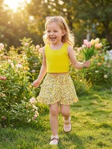 2pcs/Set Girls' Sleeveless Top Paired With Ruffle Hem Skirt, Summer Party Casual Skirt Set - Yellow - View 3