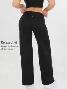 Women High Waist Loose Wide Leg Sports Pants Tights High Waist Flare Yoga Pants, Butt Lifting, Stretchy, Loose Flare Leg Sports Pants, - 黑色 - 查看 2