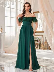 SUPGIR Heart-Shaped Neckline Sequin Pearl Ruffle Mesh Three-Layer Sleeve Waist Pleated Split Chiffon Formal Dress - Dark Green - View 1
