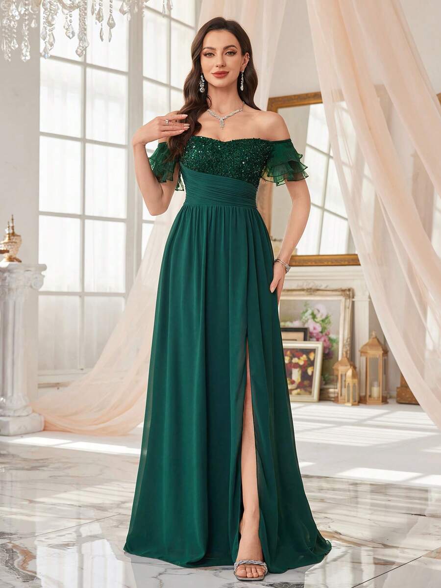 SUPGIR Heart-Shaped Neckline Sequin Pearl Ruffle Mesh Three-Layer Sleeve Waist Pleated Split Chiffon Formal Dress - Dark Green - View 1