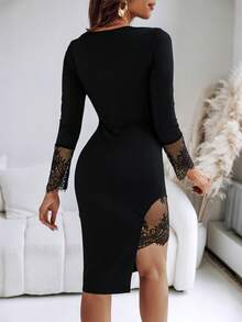 ChicMe Women's Square Neck Long Sleeve Lace Patchwork Slit Fitted Mid-Length Dress, Asymmetric Hem, Zipper Back, Party Evening Dress Elegant Spring Black - Black - View 2