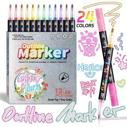 12pcs/24 Colors Double-Ended Outline Pens, Metallic Glitter Pens, Colorful Highlighter Markers, Acrylic Paint Marker Set, Suitable For Painting, Illustration, Crafts, Coloring Books, And Other DIY Projects On Paper, Fabric, Wood, Stone, Plastic, Glass, Ceramic, Pumpkin, Etc. Great For Students And Adults, Ideal For Easter, Thanksgiving, Halloween, Christmas Gifts
