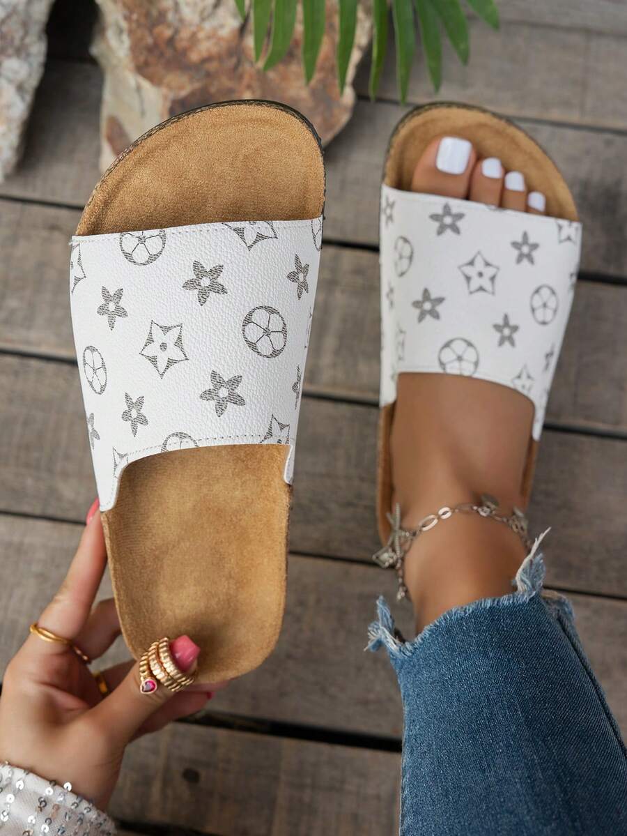 White Retro Flower Design With Soft Cork Outsole. Comfortable, Non-Slip Sole. Pairs Beautifully With Jeans Or Dresses.