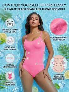 一件式无缝塑身衣，隐形提臀收腹，舒适弹力肩带，收腹提臀，连体裤配丁字裤，女士无缝塑形连体裤，提臀提臀连体裤配丁字裤 - 粉色 - 查看 3