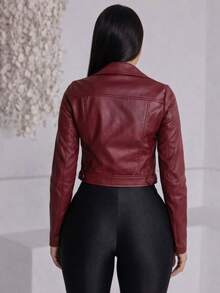 Women's Faux Leather Jacket With Zipper - Autumn 2026 Fashion - 酒紅色 - 查看 2