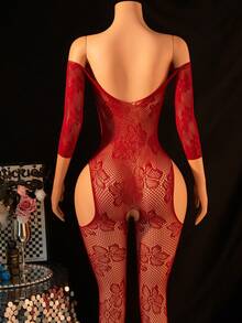 Women's Off Shoulder Sexy Lingerie Alluring Floral Pattern Decoration Bodysuit Erotic Open Crotch Backless Bodycon For Private Club Party - Red - View 2