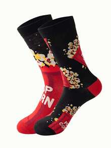 一双男女通用的爆米花主题袜子，印有爆米花和爆米花桶图案，创意新颖的日常休闲袜，是电影和零食爱好者的理想礼物，时尚休闲袜，适合全年穿着。 - 彩色 - 查看 5