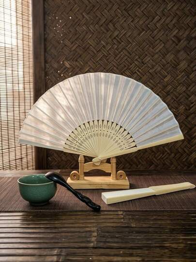 1pc 7-Inch White Silk Fan, Blank White Cloth Fan, Plain Wedding Folding Bamboo Fan, DIY Craft Printing Advertising