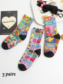 3双春秋季中筒袜，适合1-16岁男孩女孩，可定制，时尚怪兽图案 - 彩色 - 查看 10