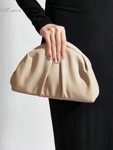 女士大容量手拿包，复古包，适合搭配女士晚礼服，高端褶皱云朵包，贝壳包，优雅女士包，适合派对、聚会、约会、舞会等场合 - 杏色 - 查看 1