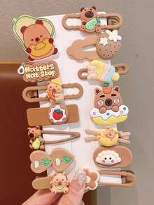 14pcs Capybara Side Clip, Woodland Style Brown Bangs Clip, Cute Hamster Hair Accessories - Multicolor - View 14