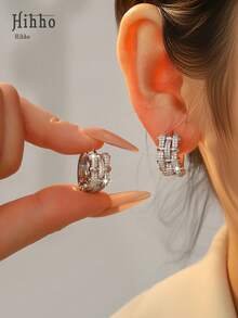 Hihho 1 Pair High-End Fully Hoop Earrings With Cuban Chain, Gold/Silver Plated Luxurious Streetwear Earrings, The Cuban Chain + Full Combination Breaks The Conventional Sweet Style, Precise Niche Cool Aesthetic - Multicolor - View 4