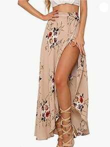 Women Boho Print High Waist Side Wrap Bohemian Asymmetric Hem Maxi Long Skirt - Màu Khaki - Xem 1
