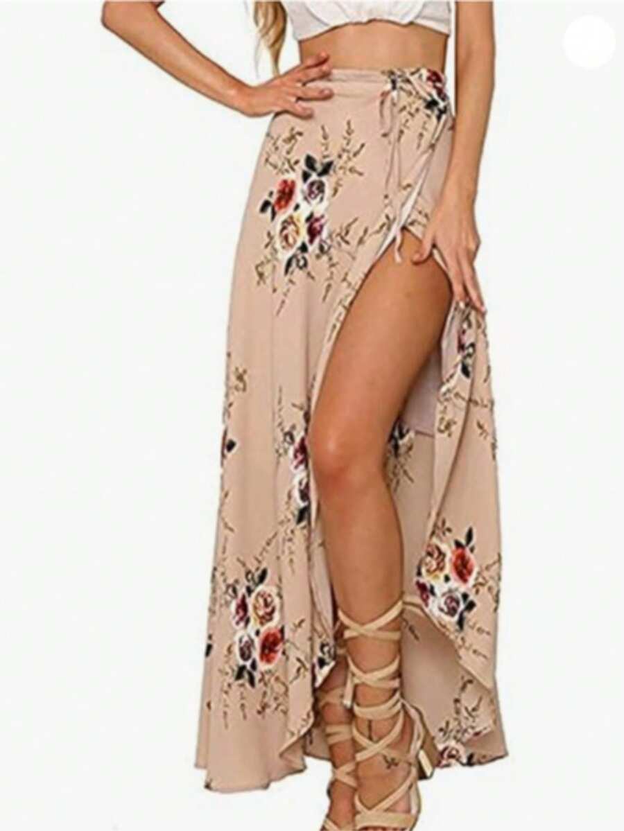 Women Boho Print High Waist Side Wrap Bohemian Asymmetric Hem Maxi Long Skirt - Màu Khaki - Xem 1