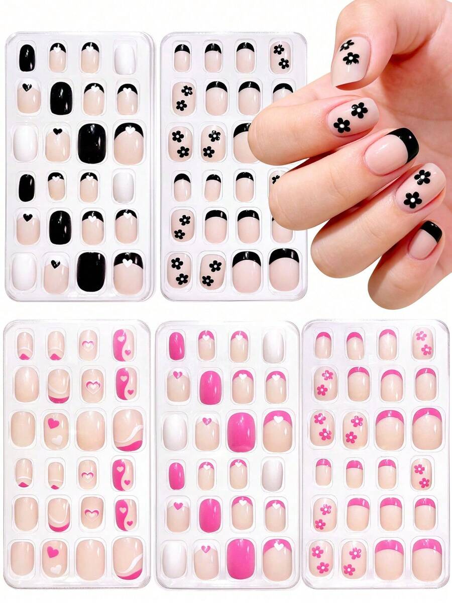 120 miếng dán móng tay trẻ em, 5 kiểu dán móng tay trẻ em, 5 tờ dán móng tay hình hoa trái tim màu hồng và đen dễ thương, bộ móng giả ngắn hình bầu dục bằng acrylic.