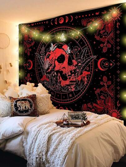 1pc Skull & Moon Print Tapestry, Modern Polyester Square Decorative Wall Hanging Suitable For Living Room & Bedroom