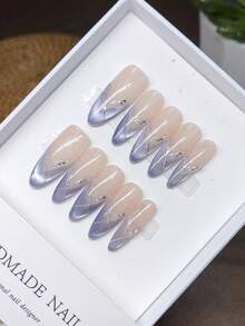 Pure Handmade Press-On Nails, Almond Shape, Purple Hand-Painted Cat Eye Press-On Nails, Y2K, Minimalist Design Nail Art, Full Coverake Nails, Y2K Nails, Stamping Nail Art, Unique Niche Creative Fake Nails, Daily Nail Art, Daily Use, Summer Spring Nails - Multicolor - View 2