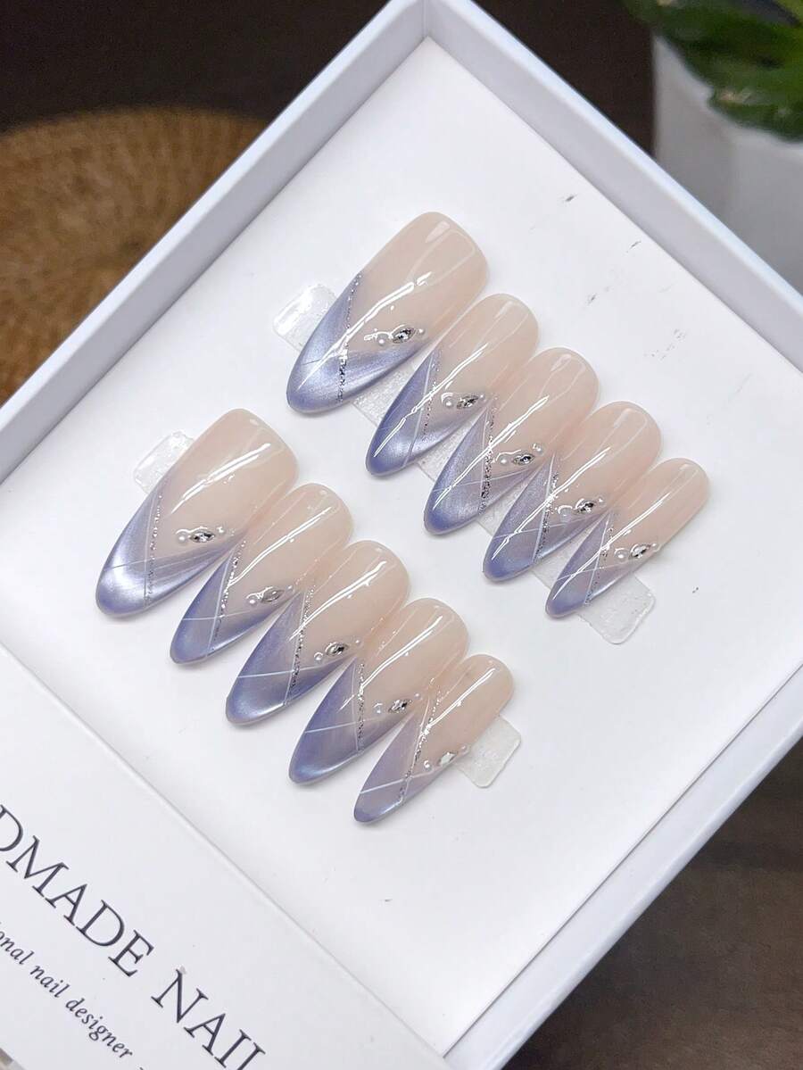 Pure Handmade Press-On Nails, Almond Shape, Purple Hand-Painted Cat Eye Press-On Nails, Y2K, Minimalist Design Nail Art, Full Coverake Nails, Y2K Nails, Stamping Nail Art, Unique Niche Creative Fake Nails, Daily Nail Art, Daily Use, Summer Spring Nails