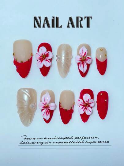 1 Pc Handmade Press-On Nail Art, Cute Nail Art, French Style, Y2K, False Nails, Almond-Shaped Nails, 3D Three-Dimensional Flower Decorations, New Nail Design, Red Nails, Simple And Feminine, Suitable For Girls' Everyday Nail Art And Date Nail Art.