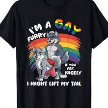 S Fun Gay Furry Pride Month T-Shirt Rainbow Fox And Dog Pattern I Am Gay Furry Slogan Comfortable Crew Neck Short Sve - 彩色 - 查看 1