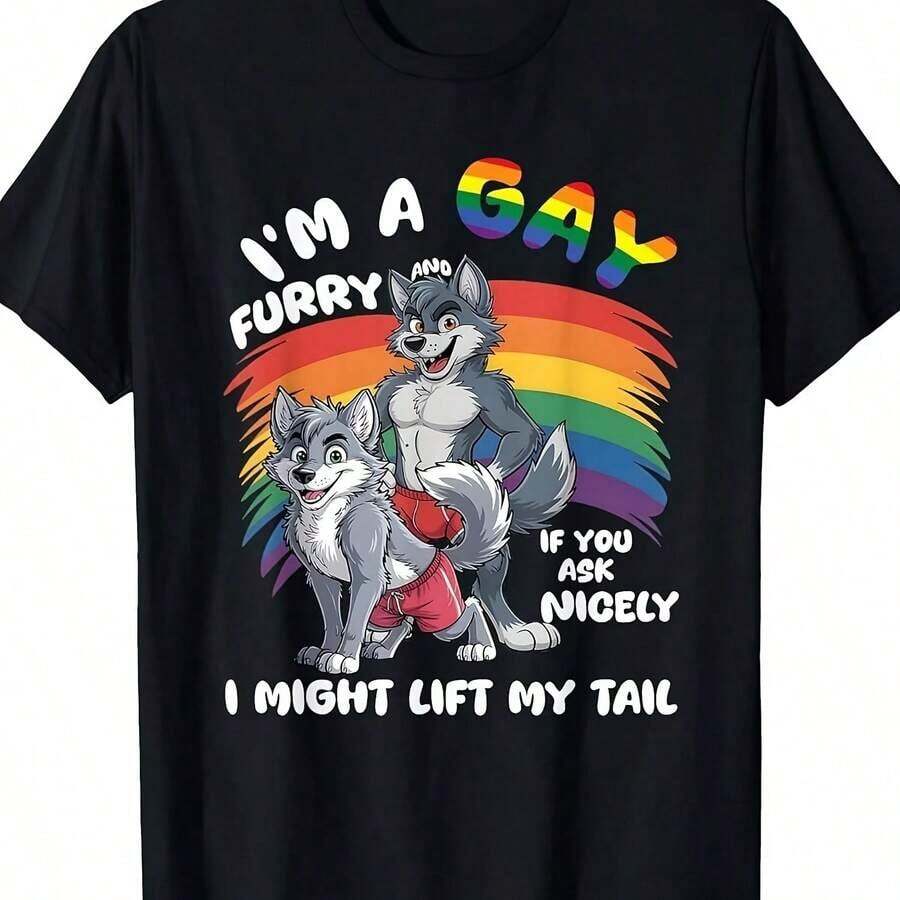 S Fun Gay Furry Pride Month T-Shirt Rainbow Fox And Dog Pattern I Am Gay Furry Slogan Comfortable Crew Neck Short Sve - 彩色 - 查看 1
