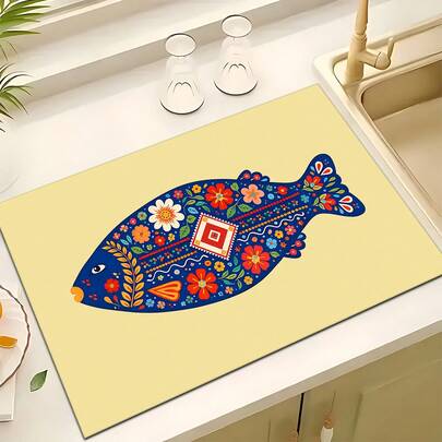 1pc Fish Totem Pattern Printed Absorbent Dish Drying Mat, Home Decor, Dish Drying Pad, Espresso Machine Countertop Absorbent Mat, Sink Drain Mat, Soft Faucet Absorbent Mat, Sink Cup Mat, Kitchen & Bathroom Accessories