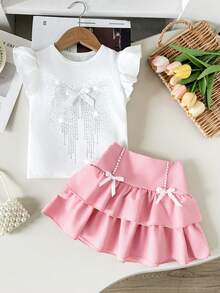 欧美风女童夏季套装，甜美荷叶边镶钻上衣+多层荷叶边珍珠蝴蝶结半裙，儿童时尚公主两件套 - 粉色 - 查看 2