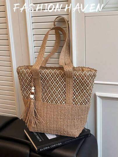 1pc Fashionable Beach Vacation One Shoulder Tote Bag, Large Capacity Woven Handbag For Women, Suitable For Party, Banquet, Daily Commute, Can Hold Phone, Mirror, Keys, Lipstick, Wallet, Ideal For Christmas, Mother's Day, Birthday Gifts