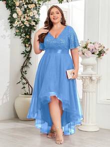 大码撞色亮片高低摆网纱晚礼服，优雅女士正式礼服，适合婚礼宾客、毕业典礼、晚宴、嘉年华派对等场合。 - 淺藍色 - 查看 6